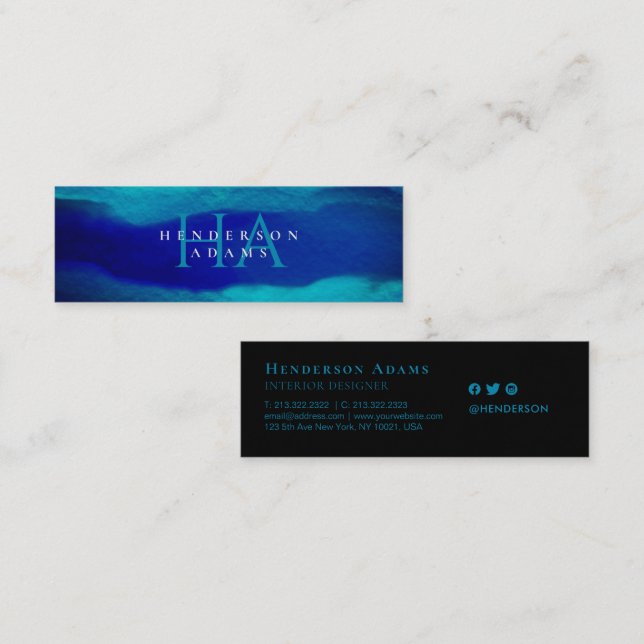 Carte De Visite Mini Monogramme Abstrait ondulé bleu marine (Devant / Derrière)