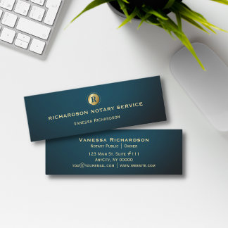 Carte De Visite Mini Monogramme vert foncé et or Sleek Notaire Business