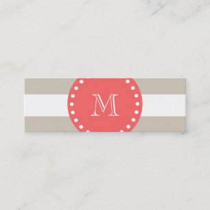 Carte De Visite Mini Motif blanc beige de rayures, monogramme de corail