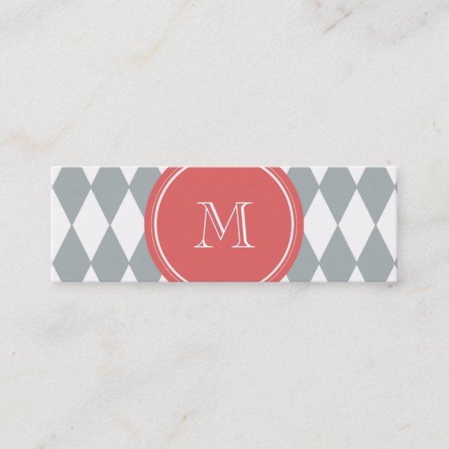 Carte De Visite Mini Motif de harlequin de blanc gris, monogramme de (Devant)