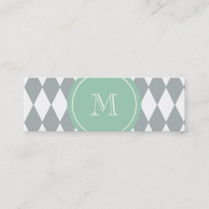 Carte De Visite Mini Motif de harlequin de blanc gris, monogramme vert