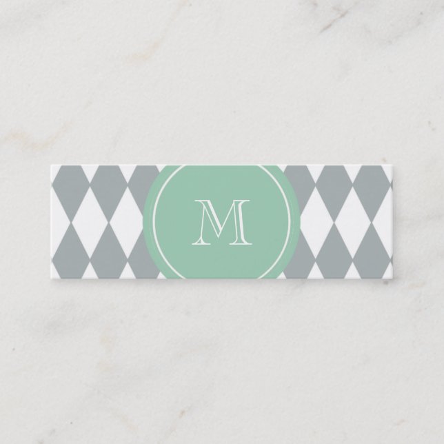 Carte De Visite Mini Motif de harlequin de blanc gris, monogramme vert (Devant)