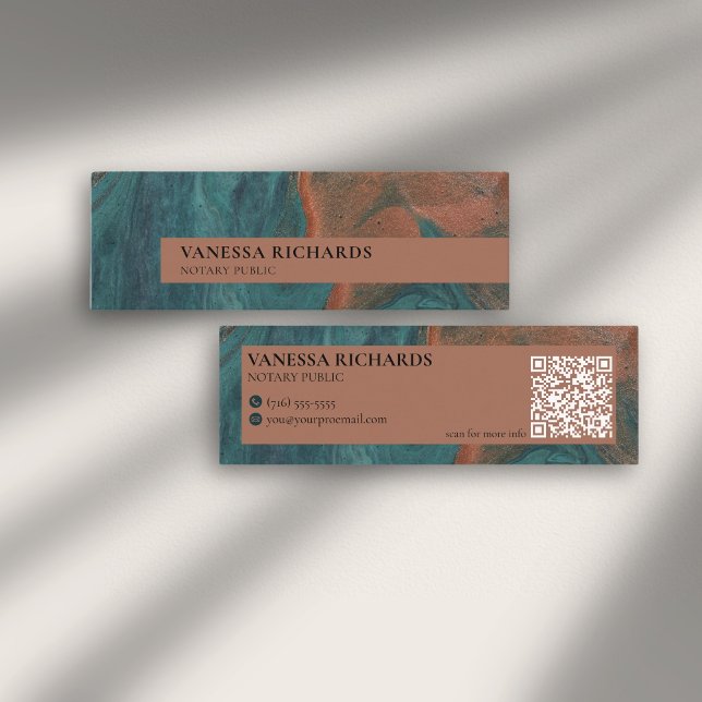 Carte De Visite Mini Notaire de code QR Abstrait Turquoise et cuivre él (Créateur téléchargé)
