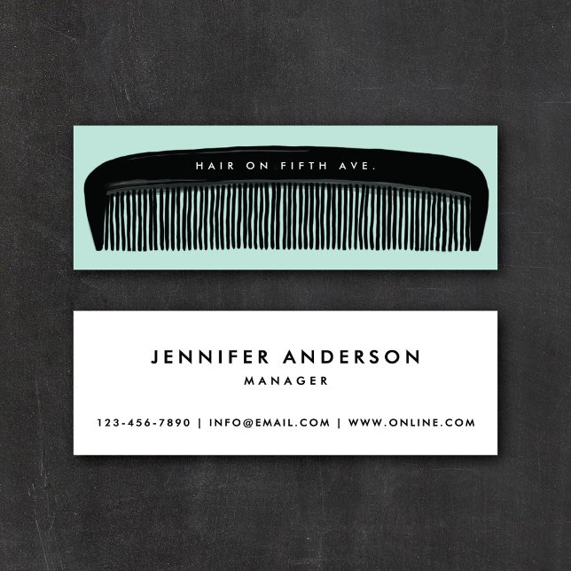 Carte De Visite Mini Peigne dessiné à la main Aqua & Black Coiffeur   (Créateur téléchargé)