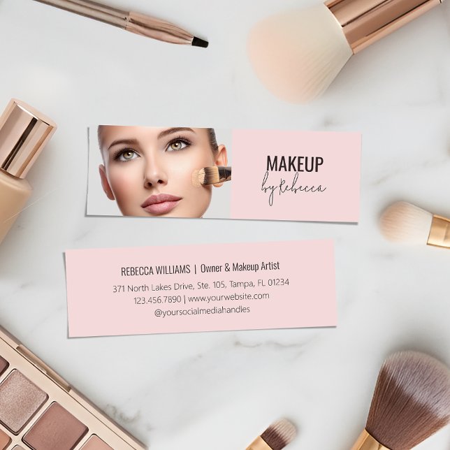 Carte De Visite Mini Police de caractères Script Rose Moderne pour Phot (Modern blush pink design with script typography and customizable photo for makeup businesses)