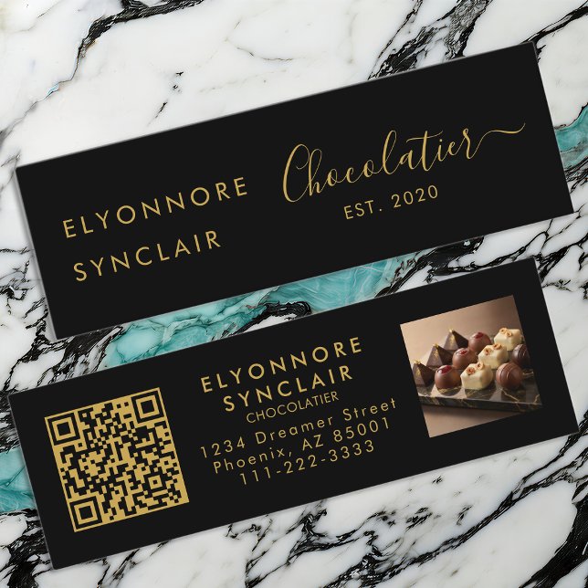 Carte De Visite Mini Premium Black Gold Script Chocolatier QR Code (Créateur téléchargé)