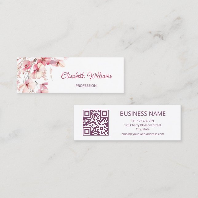 Carte De Visite Mini QR Code Rose Boho Fleurs Blanc (Devant / Derrière)