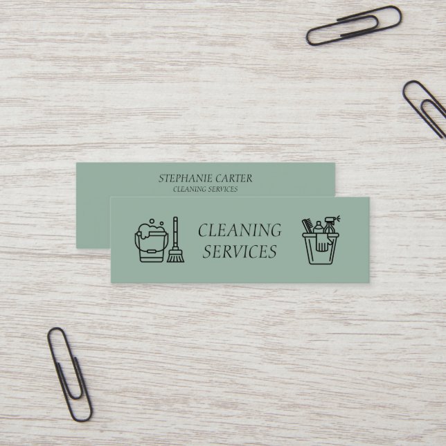 Carte De Visite Mini Sage Green Cleaning Services Company (Devant/Arrière en situation)