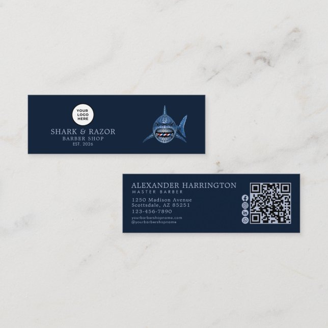 Carte De Visite Mini Salon de coiffure Steel Shark Code QR Icônes socia (Devant / Derrière)