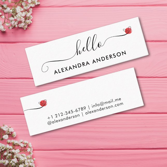 Carte De Visite Mini Script moderne minimal Hello Coeur (Minimal Modern Script Hello Heart Mini Business Card)