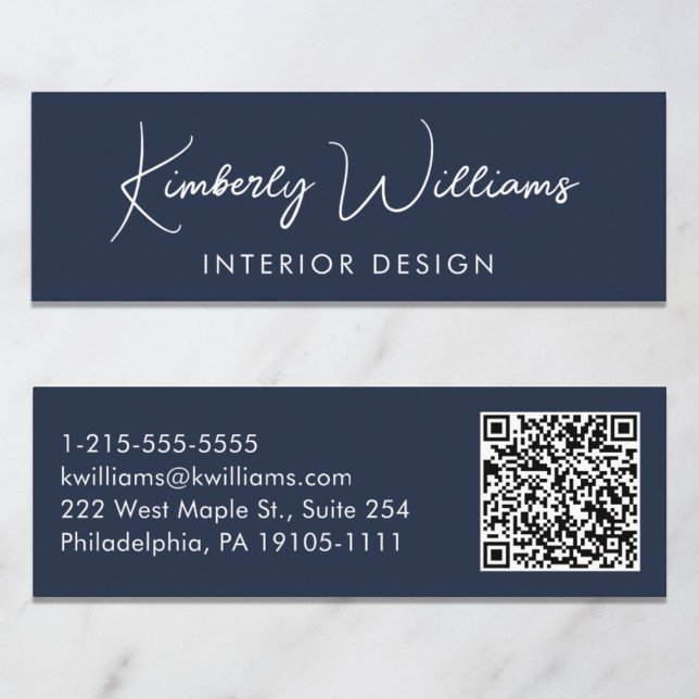Carte De Visite Mini Script moderne professionnel QR Code Bleu (Créateur téléchargé)