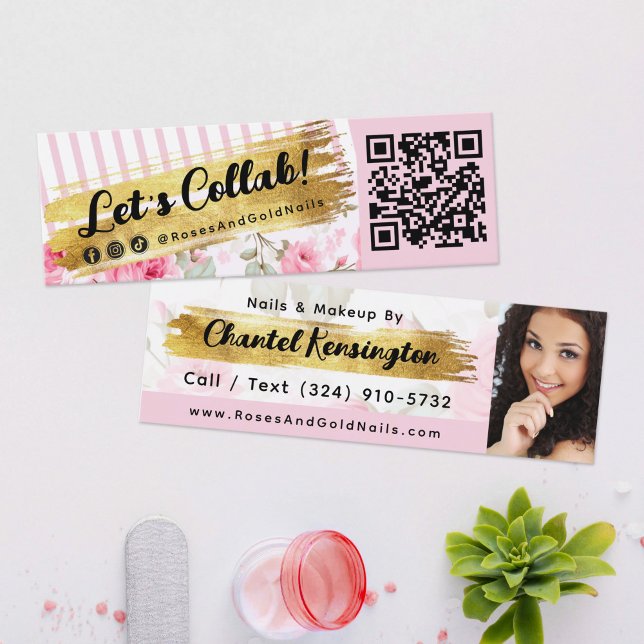 Carte De Visite Mini Shabby Blush Aquarelle Roses et Gold Influencer QR (Créateur téléchargé)