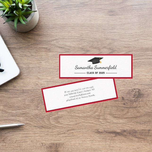 Carte De Visite Mini Simple Graduation 2025 Minimalist Script Name (Elegant Graduation 2025 Red White Grad Cap Mini Calling Card)