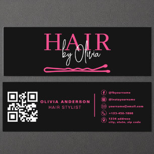 Carte De Visite Mini Stylet de cheveux de code QR moderne noir Hot rose