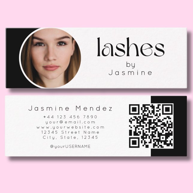 Carte De Visite Mini Technicien de cils Photo Qr noir et blanc (Créateur téléchargé)