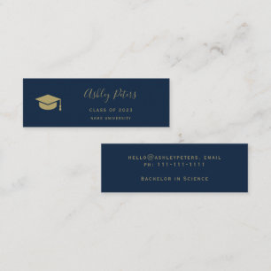 Carte De Visite Mini Typographie simple marine bleu or casquette gradua