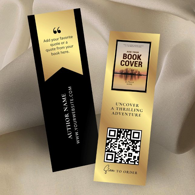 Carte De Visite Mini Version du livre QR Code MINI Black Gold Signet Ca (Black and faux gold Book Promotion MINI Bookmark with custom QR code and book cover image)