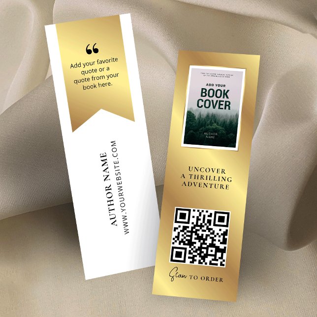 Carte De Visite Mini Version du livre QR Code MINI Faux Gold Signet Car (Modern book promotion cards with gold effects and scannable QR code and book cover image)