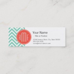 Carte De Visite Mini Vert élégant Chevron d'Aqua et monogramme orange