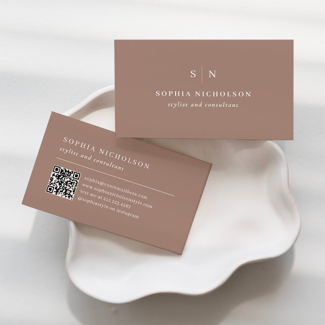 Carte De Visite Minimal and Chic | Taupe Monogram and QR Code (Créateur téléchargé)