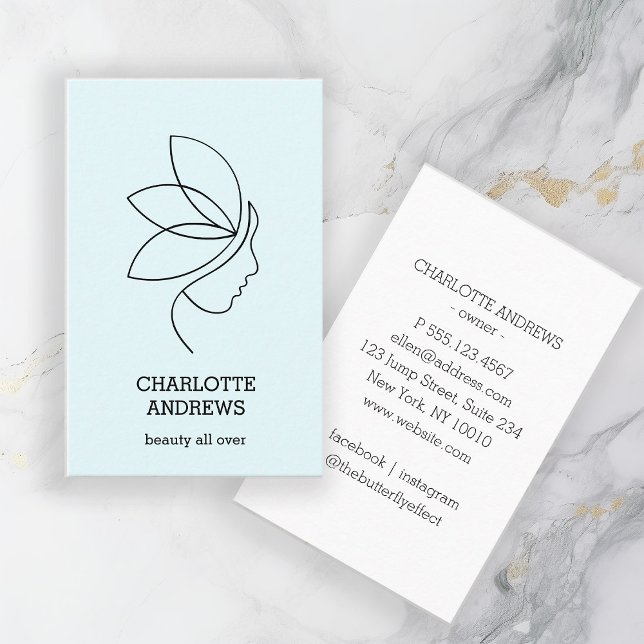 Carte De Visite Minimal, Beauté, Logo, Art Line, Bleu clair (Créateur téléchargé)