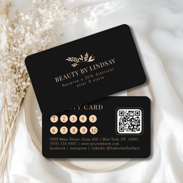 Carte De Visite Minimal Black Botanical Salon QR-Code Loyalty (Minimal Black Botanical Salon QR-Code Loyalty Business Card)