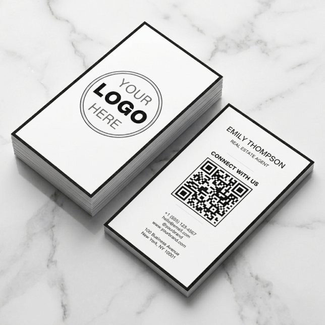 Carte De Visite Minimal Black White Modern QR Code Logo (Modern Minimalist Black & White QR Code Business Card)
