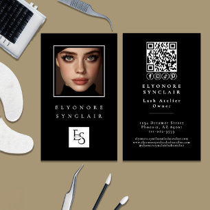 Carte De Visite Minimal Black White Script Lash Photo Logo QR