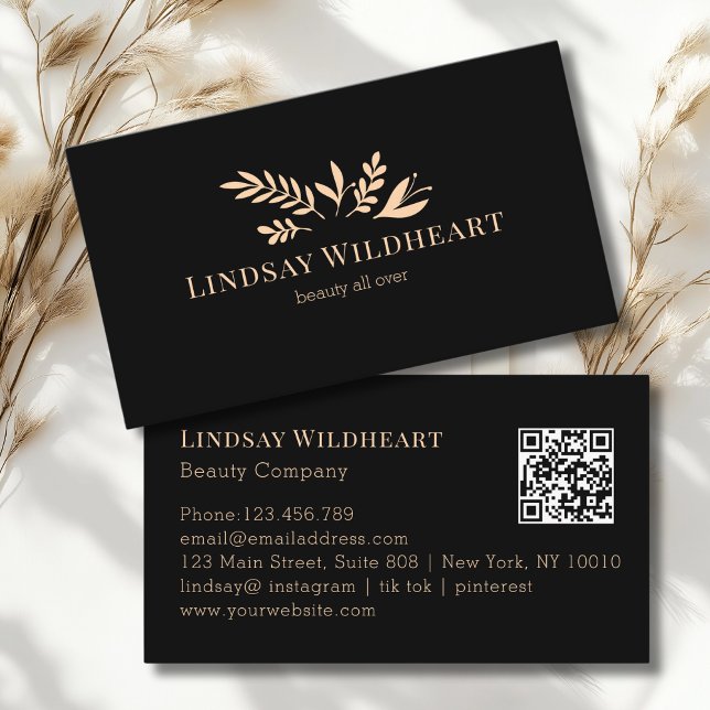 Carte De Visite Minimal Floral Black Botanical Beauty QR Code (Minimal Floral Black Botanical Beauty QR Code Business Card)