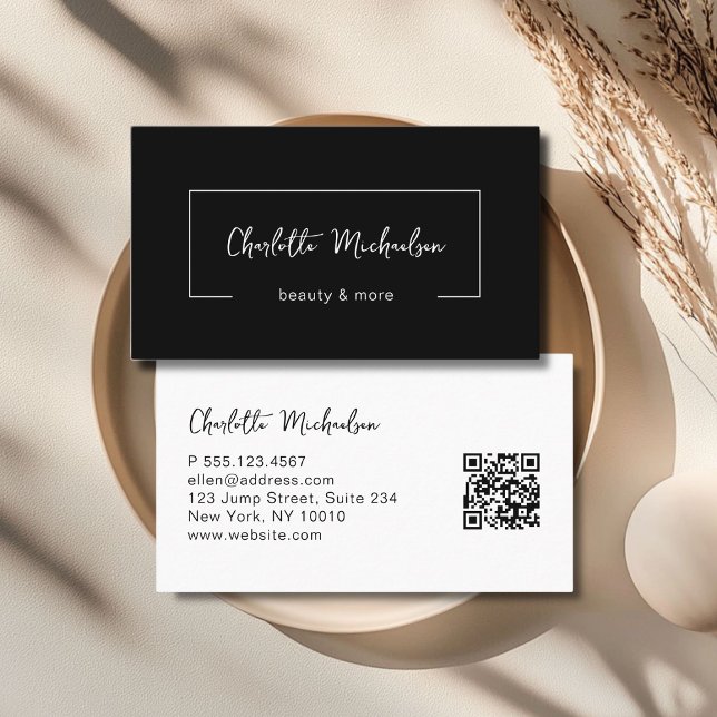 Carte De Visite Minimal Handwriting Black QR Code (Minimal Handwriting Black QR Code Business Card)