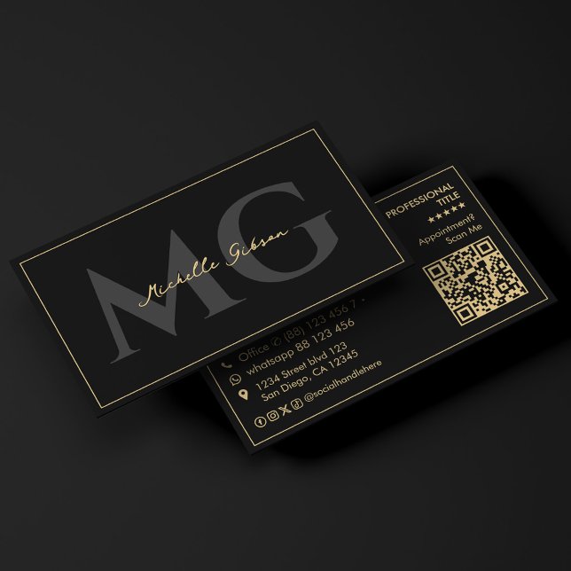 Carte De Visite Minimal Initials Black Script Professionnel  (Minimal Initials Black Script Professional Business Card
)