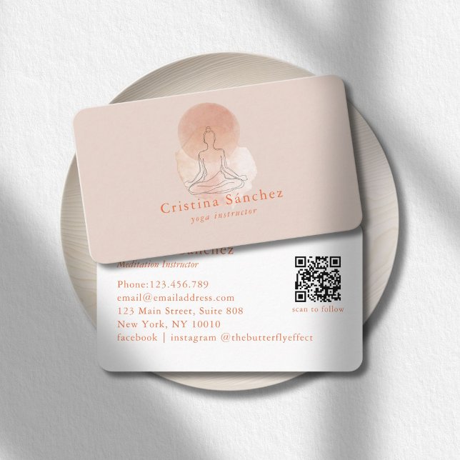 Carte De Visite Minimal Line Art Woman Yoga Meditation QR Code (Minimal Line Art Woman Yoga Meditation QR Code Business Card)