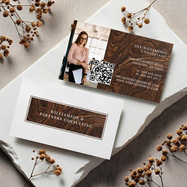 Carte De Visite Minimal Modern Elegant Woodgrain Photo QR Code (Minimal Modern Elegant Woodgrain Photo QR Code Business Card)
