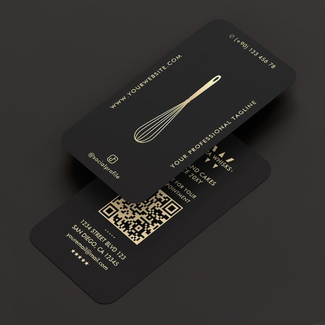 Carte De Visite Minimal moderne Baker Caterer Black Faux Gold Whis (Minimal Modern Baker Caterer Black Gold Whisk Business Card
)
