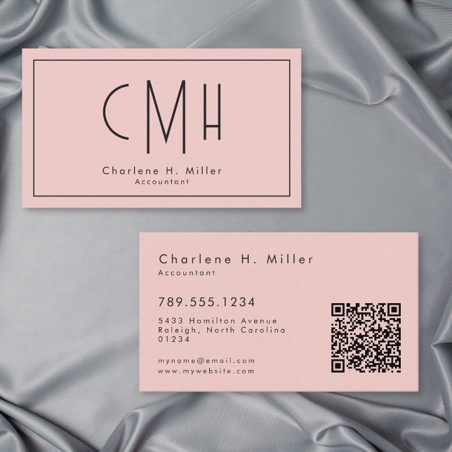 Carte De Visite Minimal Monogramme Moderne Rose Pâle QR Profession (Minimal Monogram Modern Blush Pink QR Professional Business Card)