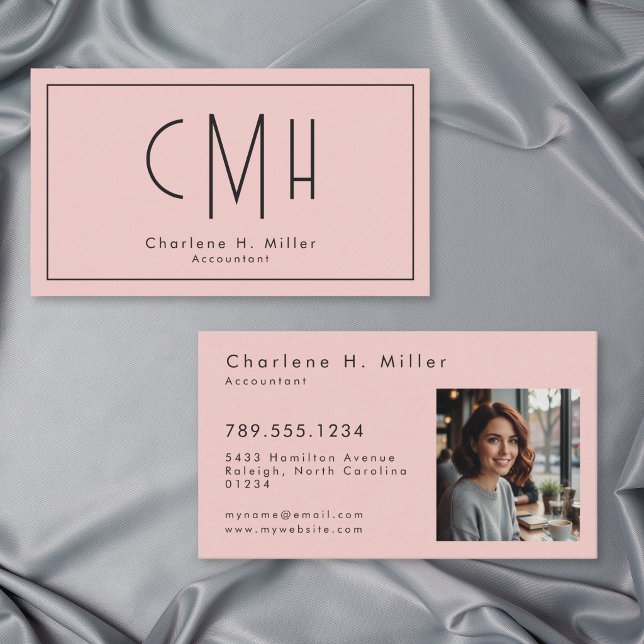 Carte De Visite Minimal Monogramme Rose Moderne Photo Professionne (Minimal Monogram Blush Modern Photo Professional Business Card)