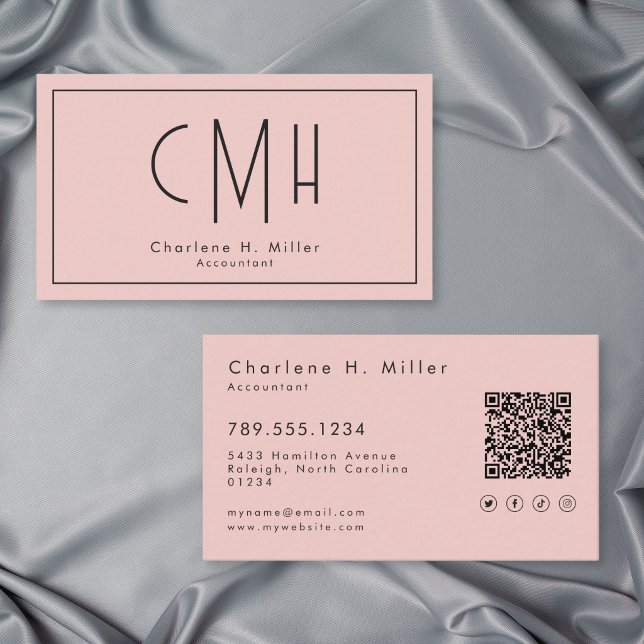 Carte De Visite Minimal Monogramme Rose Pâle Moderne QR Profession (Minimal Monogram Blush Pink Modern QR Professional Business Card)