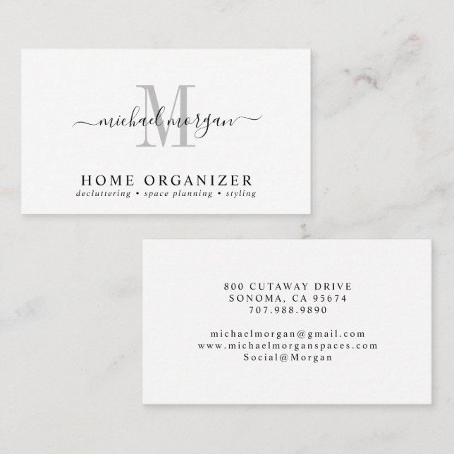 Carte De Visite Minimal Script Monogram Home Organizer (Devant / Derrière)