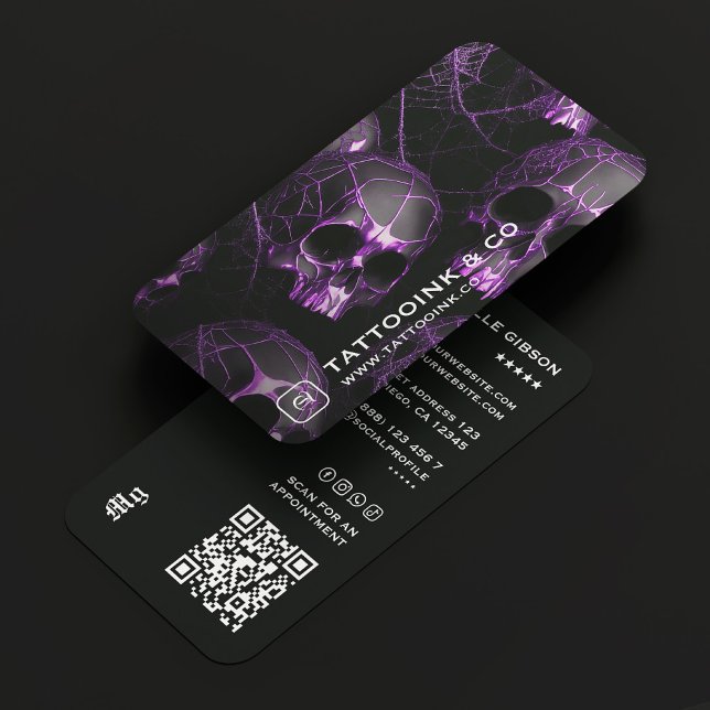 Carte De Visite Minimal Tattoo Artist Goth Skull Purple Tattooist  (Minimal Tattoo Artist Goth Skull Purple Tattooist Business Card
)