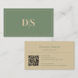 Carte De Visite Minimalist Beige Muted Green Initials QR Code