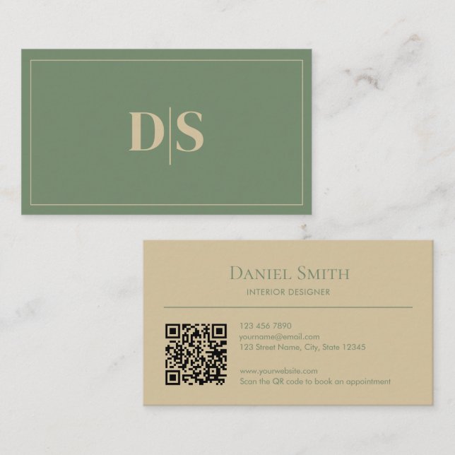 Carte De Visite Minimalist Beige Muted Green Initials QR Code (Devant / Derrière)