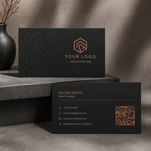 Carte De Visite Minimalist Black Copper Geometric QR Code (Minimalist Luxury Black & Copper Business Card | Modern QR Code Design)
