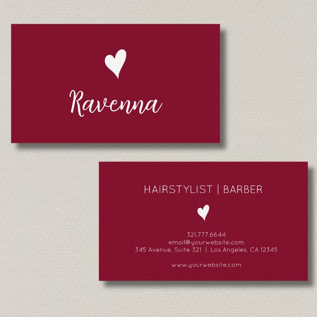 Carte De Visite Minimalist Burgundy and White Heart Barber Name (Créateur téléchargé)