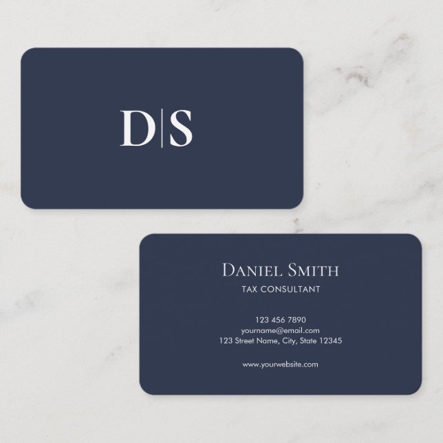 Carte De Visite Minimalist Elegant Dark Blue Initial Consultant (Devant / Derrière)