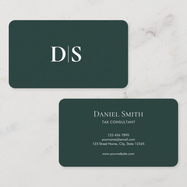 Carte De Visite Minimalist Elegant Dark Green Initial Consultant (Devant / Derrière)