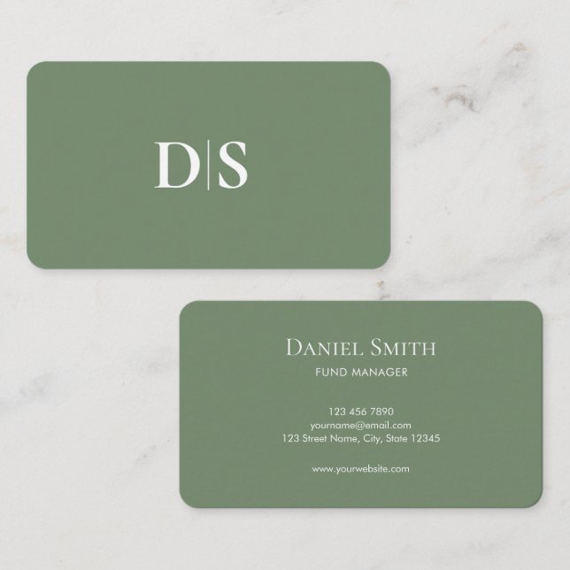 Carte De Visite Minimalist Elegant White on Muted Green Initials (Devant / Derrière)