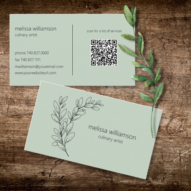Carte De Visite Minimalist Foliage on Sage Green with QR Code  (Créateur téléchargé)