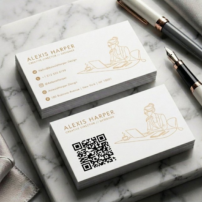 Carte De Visite Minimalist Gold Modern Line Art QR Code (Modern Gold Line Art Business Card with QR Code | Minimalist Branding)