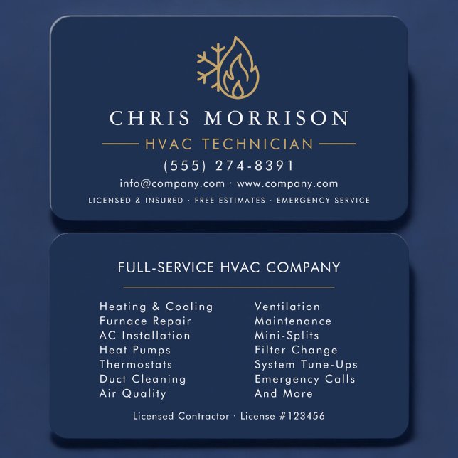 Carte De Visite Minimalist HVAC Navy Blue Gold Modern (Créateur téléchargé)