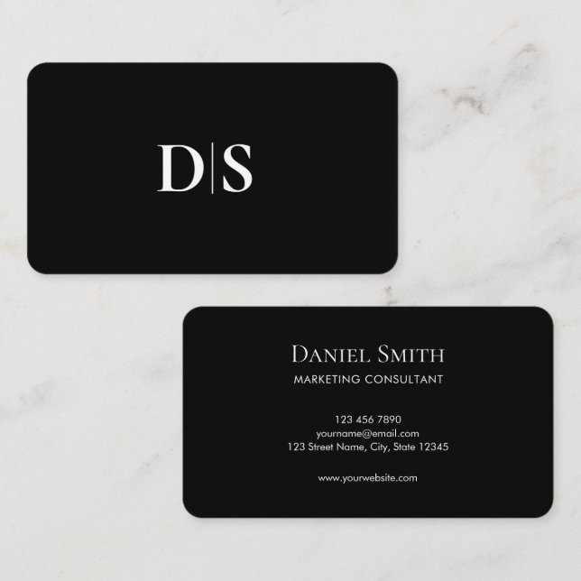 Carte De Visite Minimalist Modern Monogram Initial Black  (Devant / Derrière)